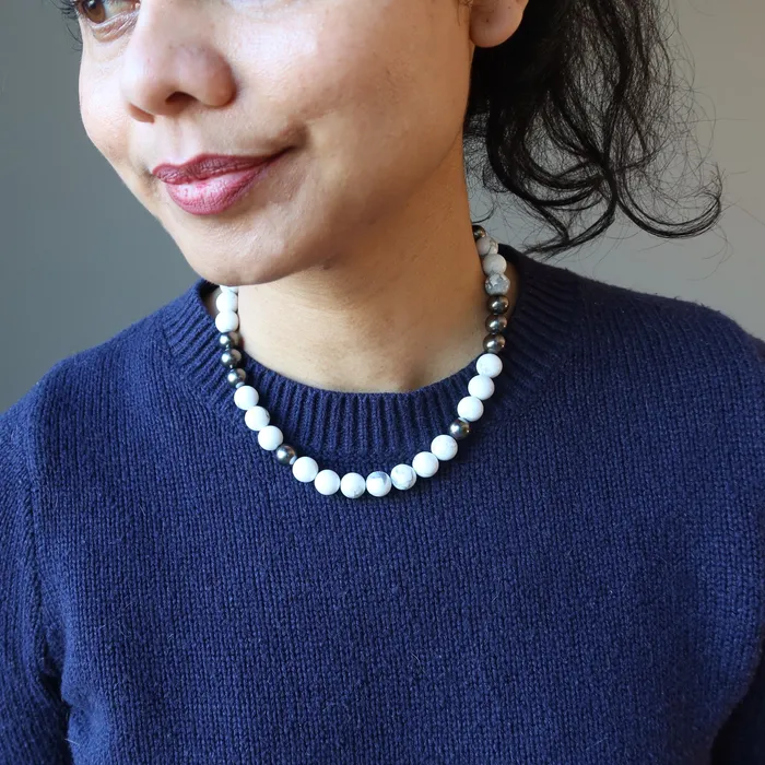 Howlite Necklace Prospective Stones Beaded Gunmetal Satin Crystals Necklaces
