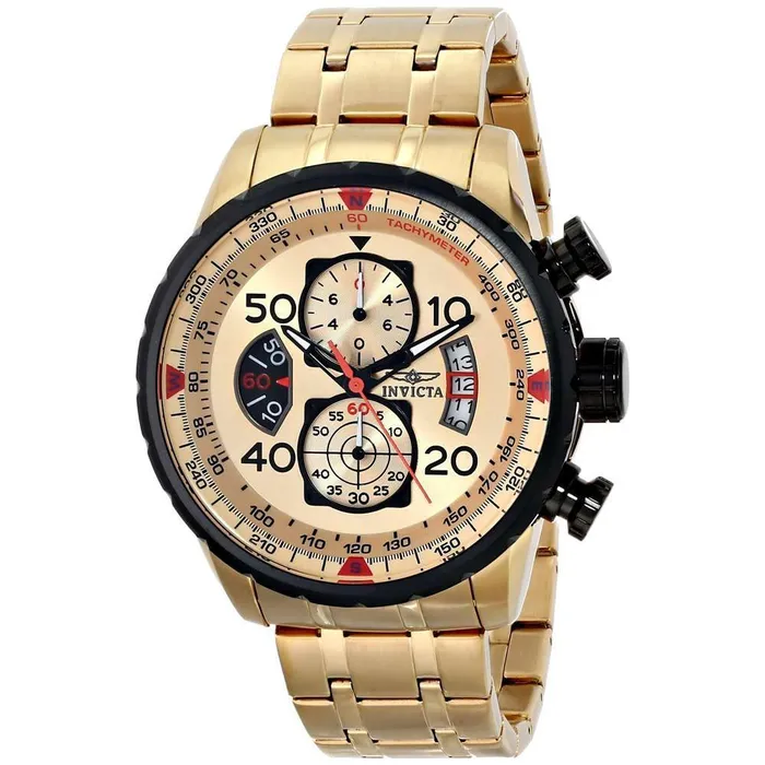 Invicta 17205 Mens Aviator Chronograph Gold Tone Dial Gold Plated Steel Bracelet Watch Invicta Bracelets