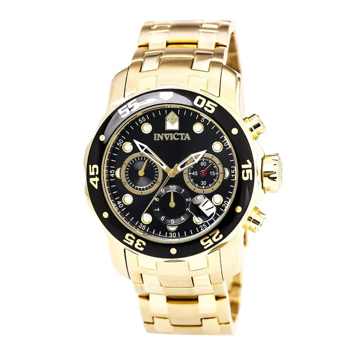 Invicta Bracelets Invicta 0072 Mens Pro Diver Scuba Black Dial Gold Plated Steel Bracelet Chronograph Dive Watch Invicta Bracelets Invicta 0072 Mens Pro Diver Scuba Black Dial Gold Plated Steel Bracelet Chronograph Dive Watch