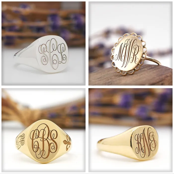 Mens Square Signet Ring Small Laser Engraved Script Monogram deBebians Rings