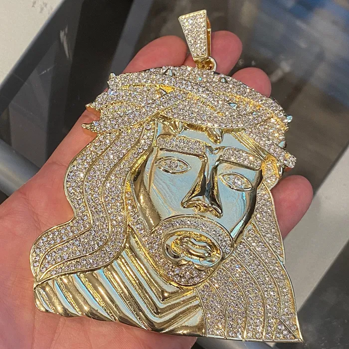 Necklaces 14K Gold Finish Jesus Head Huge Jumbo Pendant Iced Eyebrows Bling Cartel Necklaces 14K Gold Finish Jesus Head Huge Jumbo Pendant Iced Eyebrows Bling Cartel