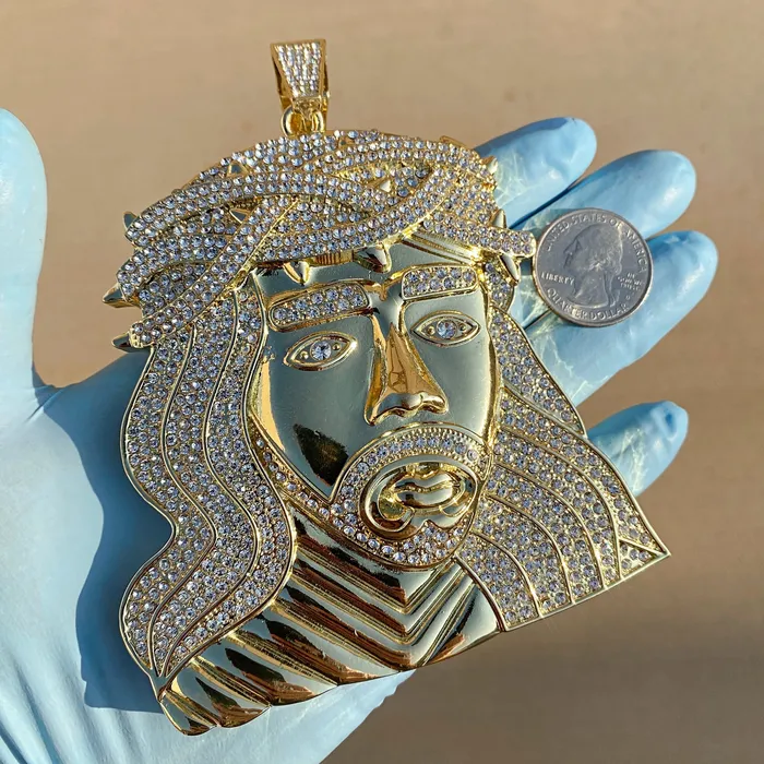 Necklaces 14K Gold Finish Jesus Head Huge Jumbo Pendant Iced Eyebrows Bling Cartel Necklaces 14K Gold Finish Jesus Head Huge Jumbo Pendant Iced Eyebrows Bling Cartel