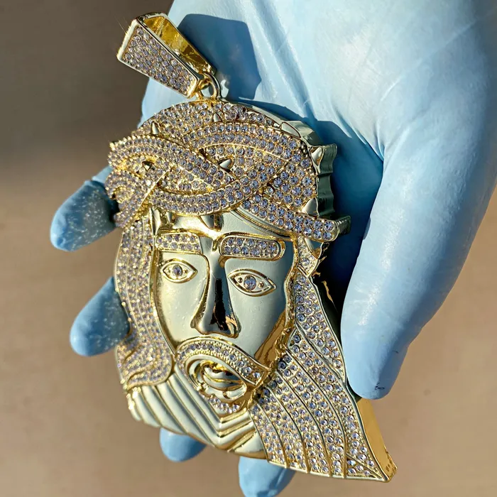 Necklaces 14K Gold Finish Jesus Head Huge Jumbo Pendant Iced Eyebrows Bling Cartel Necklaces 14K Gold Finish Jesus Head Huge Jumbo Pendant Iced Eyebrows Bling Cartel