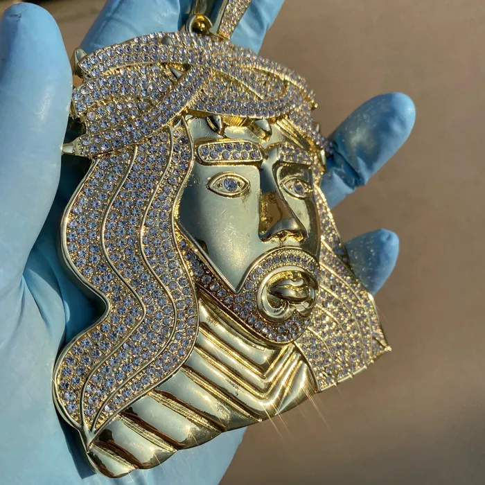 Necklaces 14K Gold Finish Jesus Head Huge Jumbo Pendant Iced Eyebrows Bling Cartel Necklaces 14K Gold Finish Jesus Head Huge Jumbo Pendant Iced Eyebrows Bling Cartel