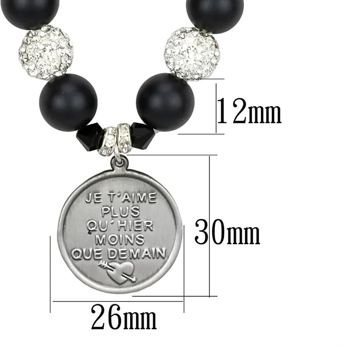 Necklaces Alamode LO3815 Antique Silver White Metal Necklace with Synthetic Glass Bead in Jet