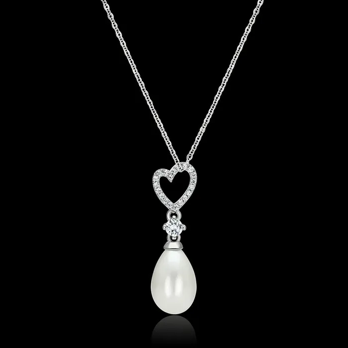 Necklaces Alamode TS127 Rhodium 925 Sterling Silver Necklace with Synthetic Pearl in White Necklaces Alamode TS127 Rhodium 925 Sterling Silver Necklace with Synthetic Pearl in White