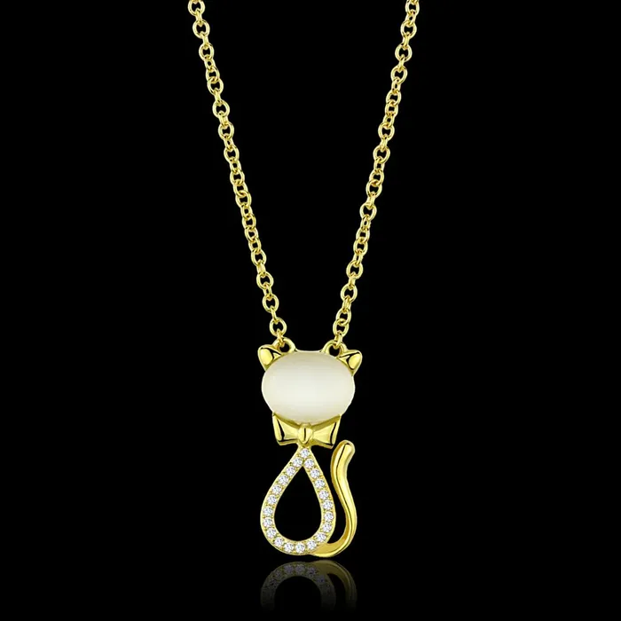 Necklaces Alamode TS409 Gold 925 Sterling Silver Chain Pendant with Synthetic Cat Eye in White Necklaces Alamode TS409 Gold 925 Sterling Silver Chain Pendant with Synthetic Cat Eye in White