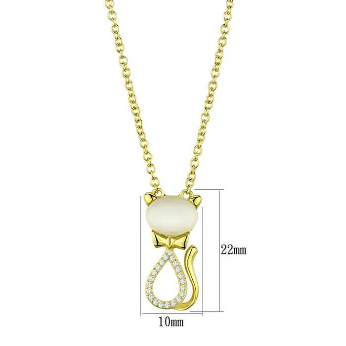 Necklaces Alamode TS409 Gold 925 Sterling Silver Chain Pendant with Synthetic Cat Eye in White