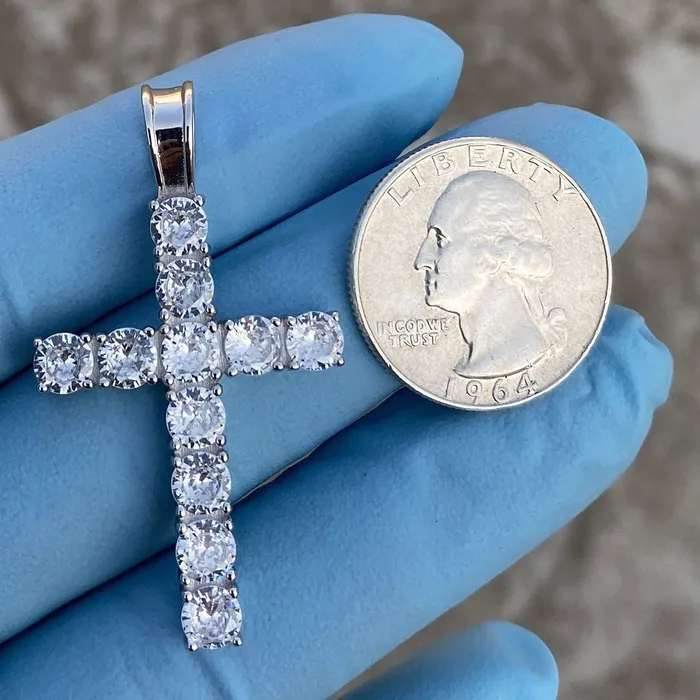 Necklaces Bling Cartel Admin 925 Sterling Silver Tennis Cross Pendant Iced CZ Flooded Out 175