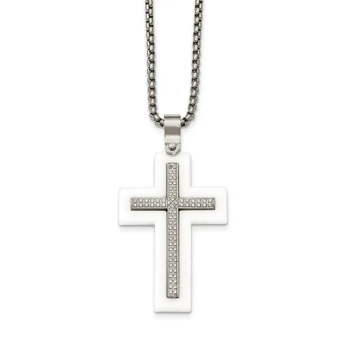 Necklaces Chisel Stainless Steel Polished White Ceramic Cross CZ 2375in Necklace Necklaces Chisel Stainless Steel Polished White Ceramic Cross CZ 2375in Necklace