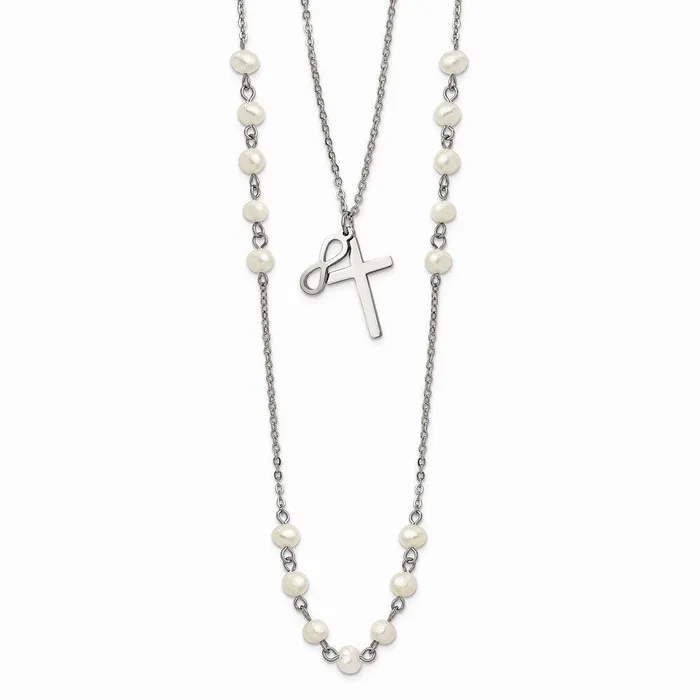 Necklaces Chisel Stainless Steel w FWC Pearls Double Strand Infinity Cross Necklace Necklaces Chisel Stainless Steel w FWC Pearls Double Strand Infinity Cross Necklace