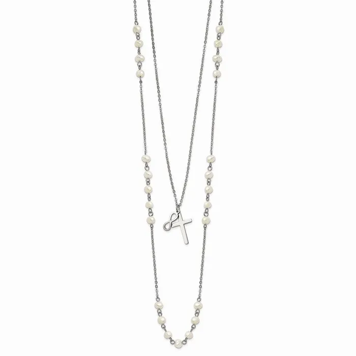 Necklaces Chisel Stainless Steel w FWC Pearls Double Strand Infinity Cross Necklace Necklaces Chisel Stainless Steel w FWC Pearls Double Strand Infinity Cross Necklace