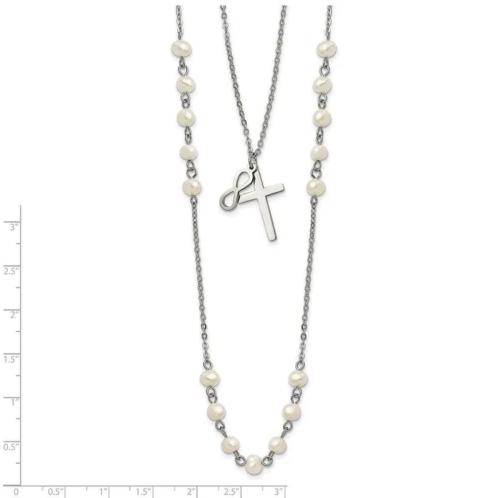 Necklaces Chisel Stainless Steel w FWC Pearls Double Strand Infinity Cross Necklace Necklaces Chisel Stainless Steel w FWC Pearls Double Strand Infinity Cross Necklace
