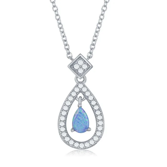Necklaces Classic Sterling Silver Open CZ Border and Center Opal Teardrop Necklace Necklaces Classic Sterling Silver Open CZ Border and Center Opal Teardrop Necklace