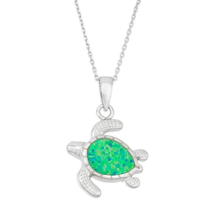 Necklaces Sterling Silver Green Inlay Opal Turtle Pendant Classic