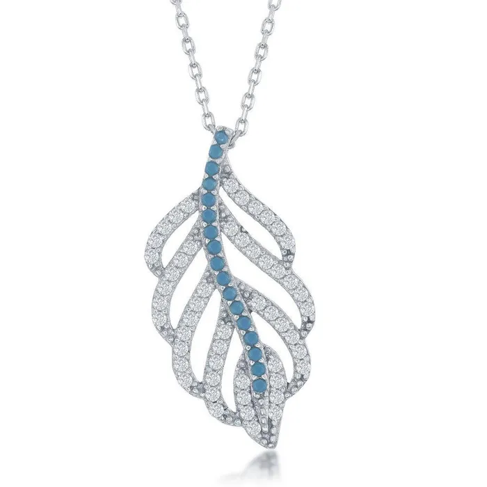 Necklaces Sterling Silver Turquoise and CZ Open Leaf Design Necklace Classic Necklaces Sterling Silver Turquoise and CZ Open Leaf Design Necklace Classic
