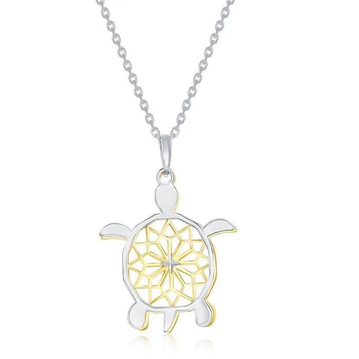 Necklaces Sterling Silver TwoTone Fancy DiamondCut Design Sea Turtle Necklace Classic Necklaces Sterling Silver TwoTone Fancy DiamondCut Design Sea Turtle Necklace Classic