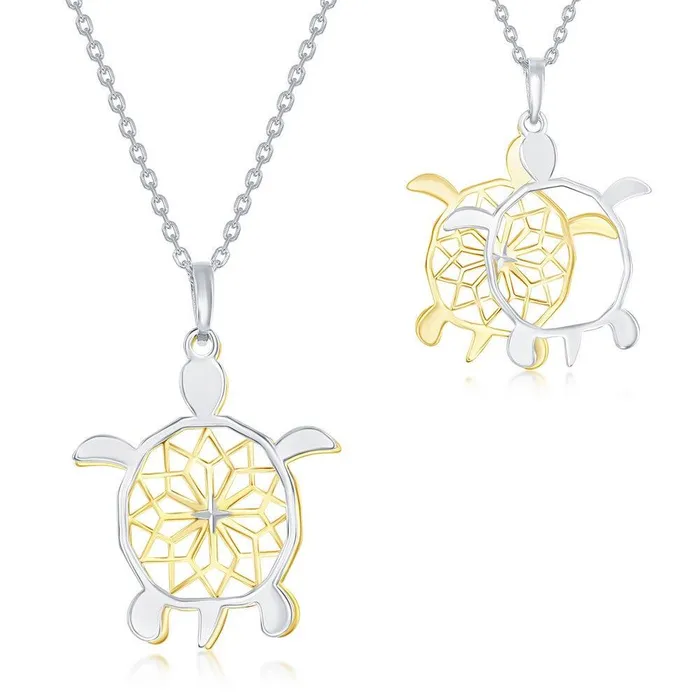 Necklaces Sterling Silver TwoTone Fancy DiamondCut Design Sea Turtle Necklace Classic Necklaces Sterling Silver TwoTone Fancy DiamondCut Design Sea Turtle Necklace Classic