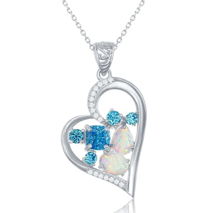 Necklaces Sterling Silver White Opal with CZ Heart Pendant Classic