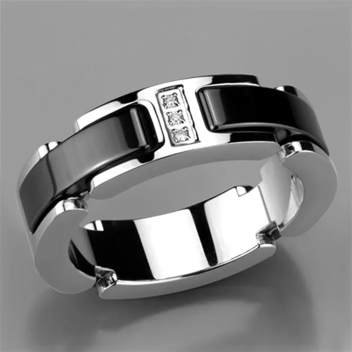 Rings Alamode 3W966 High polished no plating Stainless Steel Ring with Ceramic in Jet