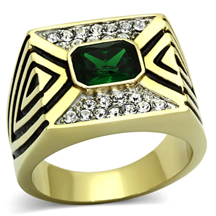 Rings Alamode TK1195 TwoTone IP Gold Ion Plating Stainless Steel Ring with Synthetic Synthetic Glass in Emerald Rings Alamode TK1195 TwoTone IP Gold Ion Plating Stainless Steel Ring with Synthetic Synthetic Glass in Emerald