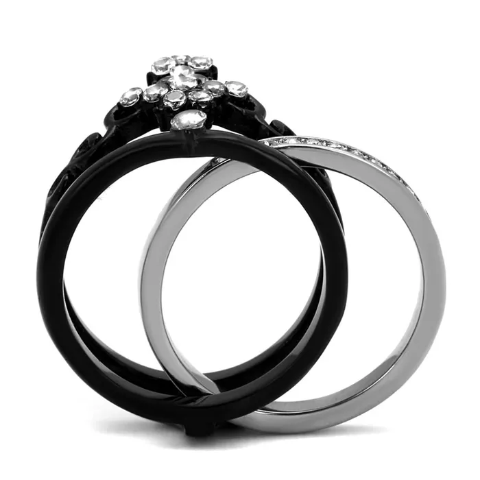 Rings Alamode TK2187 TwoTone IP Black Stainless Steel Ring with AAA Grade CZ in Clear