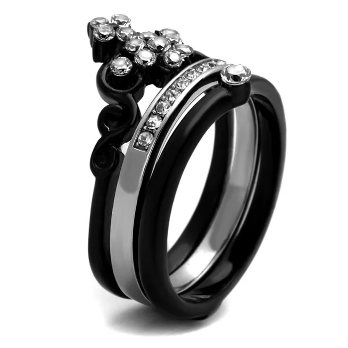Rings Alamode TK2187 TwoTone IP Black Stainless Steel Ring with AAA Grade CZ in Clear