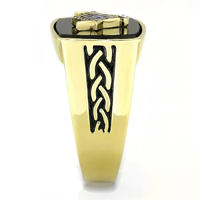 Rings Alamode TK3223 IP GoldIon Plating Stainless Steel Ring with Synthetic Onyx in Jet