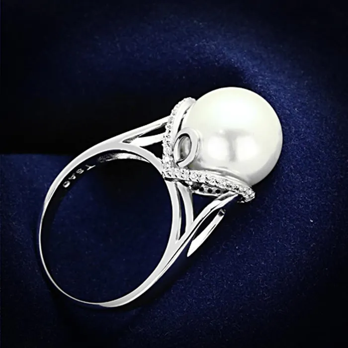 Rings Alamode TS154 Rhodium 925 Sterling Silver Ring with Synthetic Pearl in White