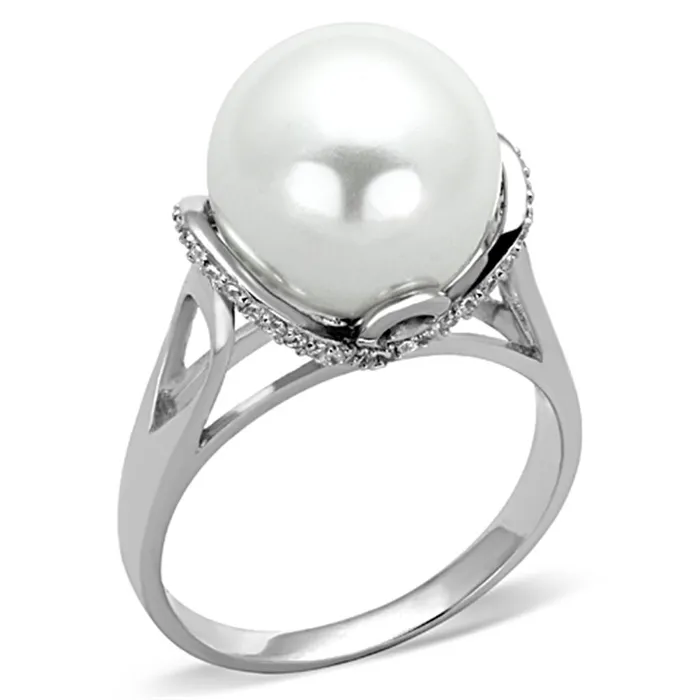 Rings Alamode TS154 Rhodium 925 Sterling Silver Ring with Synthetic Pearl in White
