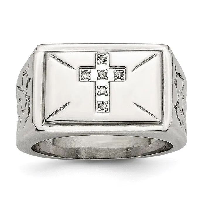 Rings Chisel Stainless Steel Diamond Cross wTextured Sides Ring