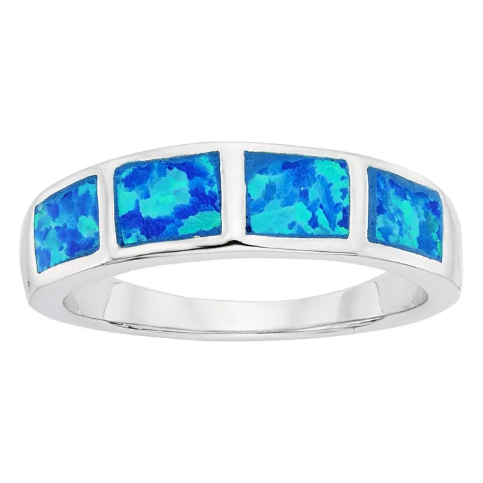 Rings Classic Sterling Silver Blue Inlay Opal Squares Ring W9457