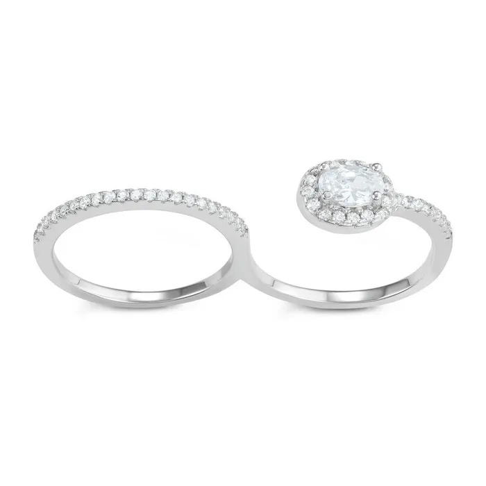 Rings Classic Sterling Silver CZ Band and Open Double Finger Ring W1607