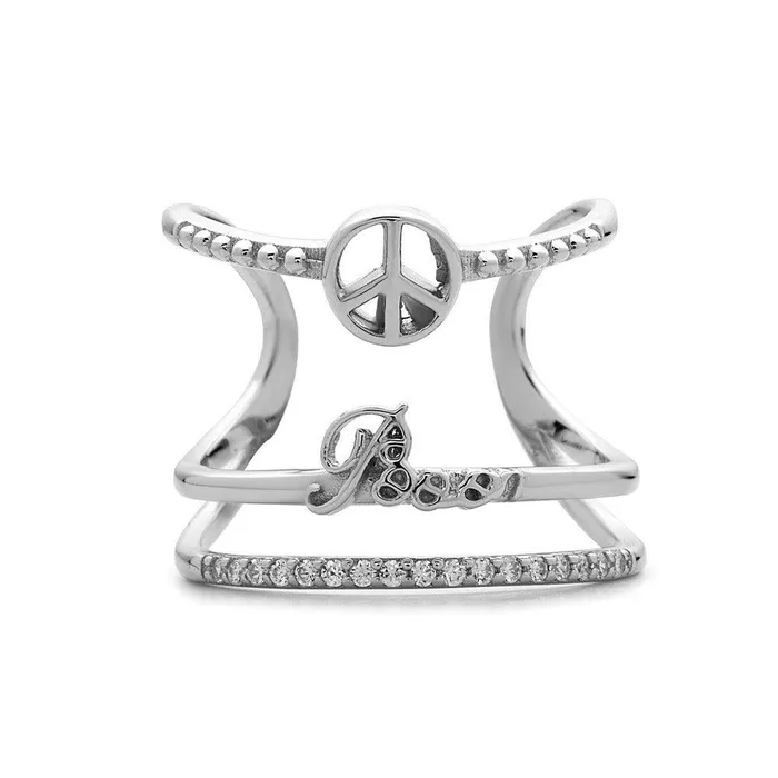 Rings Classic Sterling Silver Large Triple Row and Peace Sign CZ Ring Size 7 Rings Classic Sterling Silver Large Triple Row and Peace Sign CZ Ring Size 7