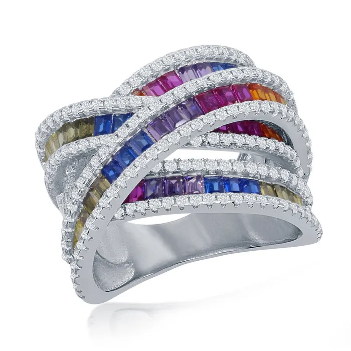 Rings Classic Sterling Silver Rainbow Baguette CZ Double X Ring W2435