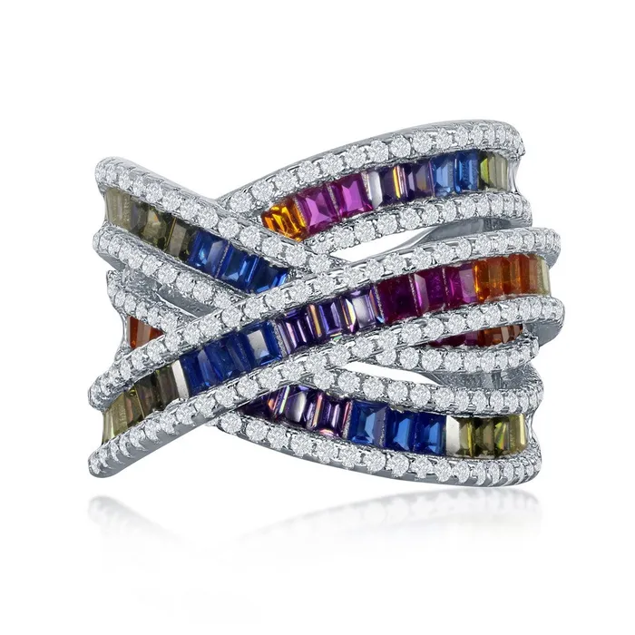 Rings Classic Sterling Silver Rainbow Baguette CZ Double X Ring W2435