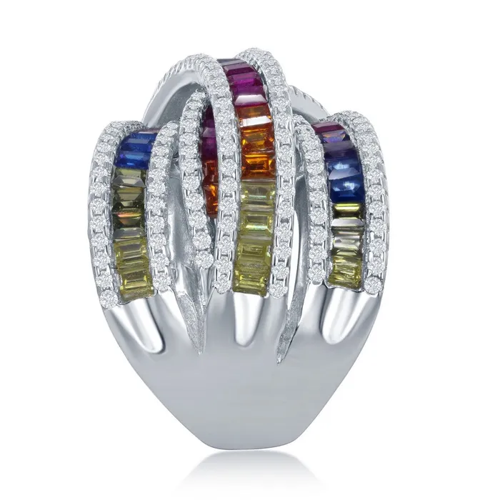 Rings Classic Sterling Silver Rainbow Baguette CZ Double X Ring W2435