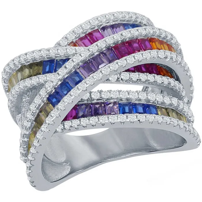 Rings Classic Sterling Silver Rainbow Baguette CZ Double X Ring W2435