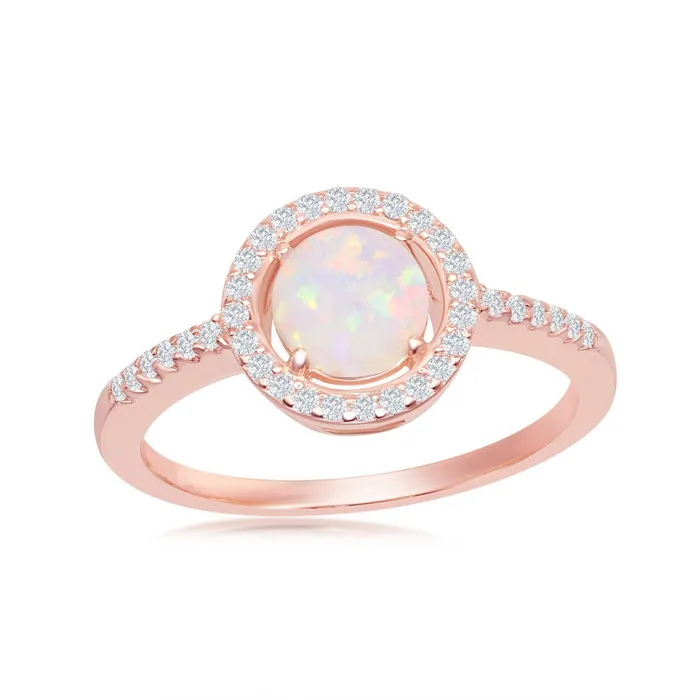 Rings Classic Sterling Silver Round White Opal with CZ Halo Ring Rose Gold Plated W2263 Rings Classic Sterling Silver Round White Opal with CZ Halo Ring Rose Gold Plated W2263
