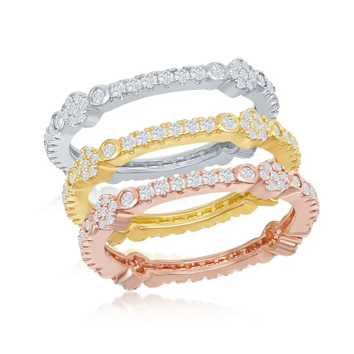 Rings Classic Womens TriColor CZ Triple Band Ring W2424 Classic