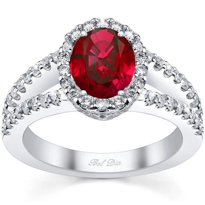 Rings deBebians Split Shank Oval Ruby Halo Engagement Ring