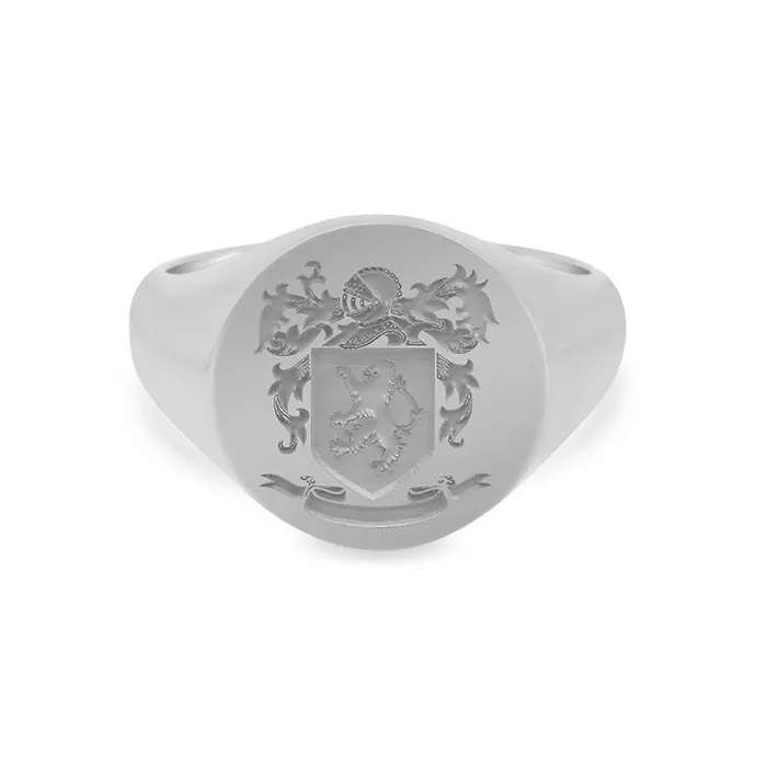 Rings deBebians Womens Round Signet Ring Extra Large Laser Engraved Family Crest Logo