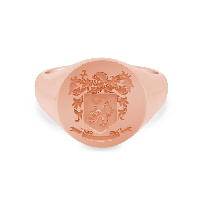 Rings deBebians Womens Round Signet Ring Extra Large Laser Engraved Family Crest Logo