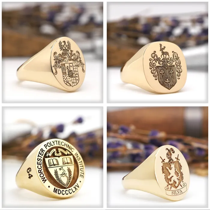 Rings deBebians Womens Round Signet Ring Extra Large Laser Engraved Family Crest Logo