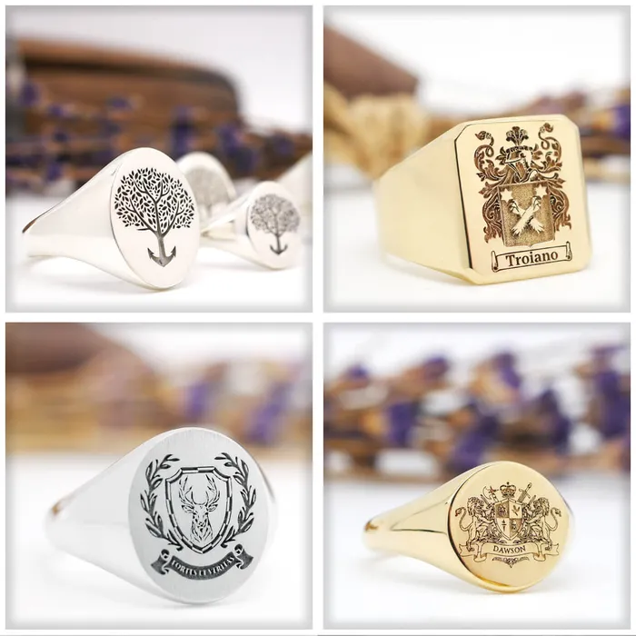 Rings deBebians Womens Round Signet Ring Extra Large Laser Engraved Family Crest Logo
