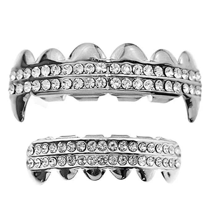 Rings Silver Tone Vampire Fangs TwoRow Iced Grillz Set Bling Cartel Admin