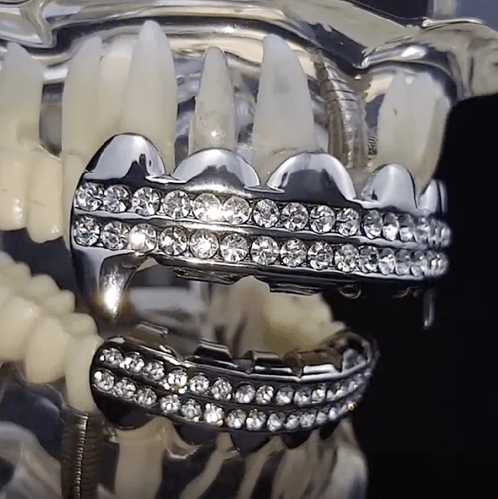 Rings Silver Tone Vampire Fangs TwoRow Iced Grillz Set Bling Cartel Admin