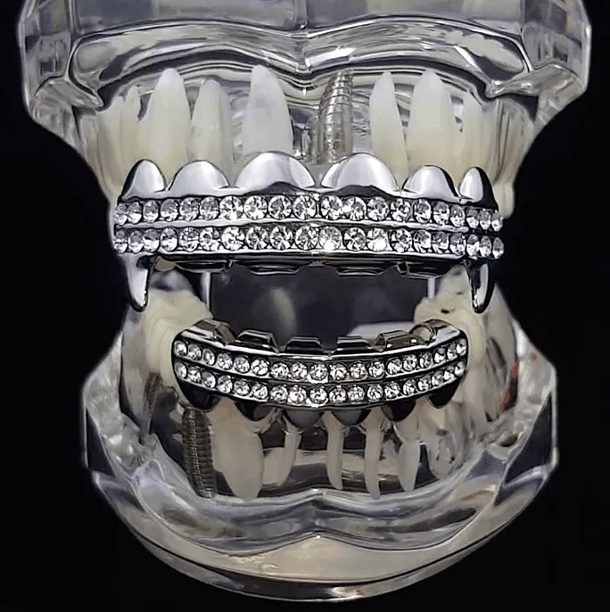 Rings Silver Tone Vampire Fangs TwoRow Iced Grillz Set Bling Cartel Admin
