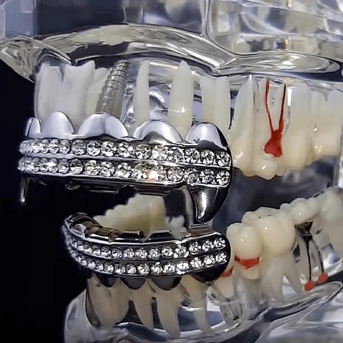 Rings Silver Tone Vampire Fangs TwoRow Iced Grillz Set Bling Cartel Admin
