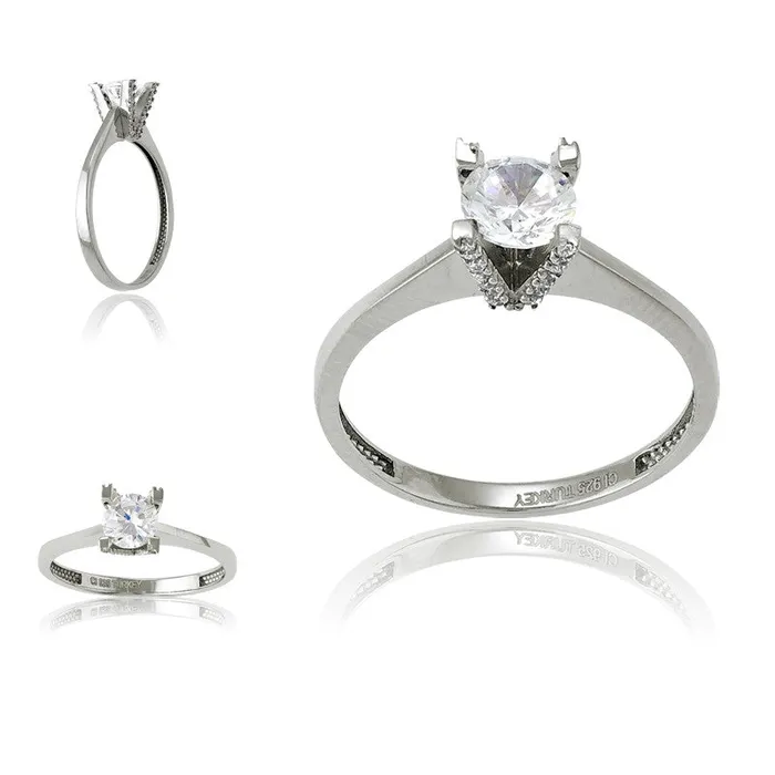 Rings Sterling Silver Small CZ V Setting with Large CZ Ring W9565 Classic